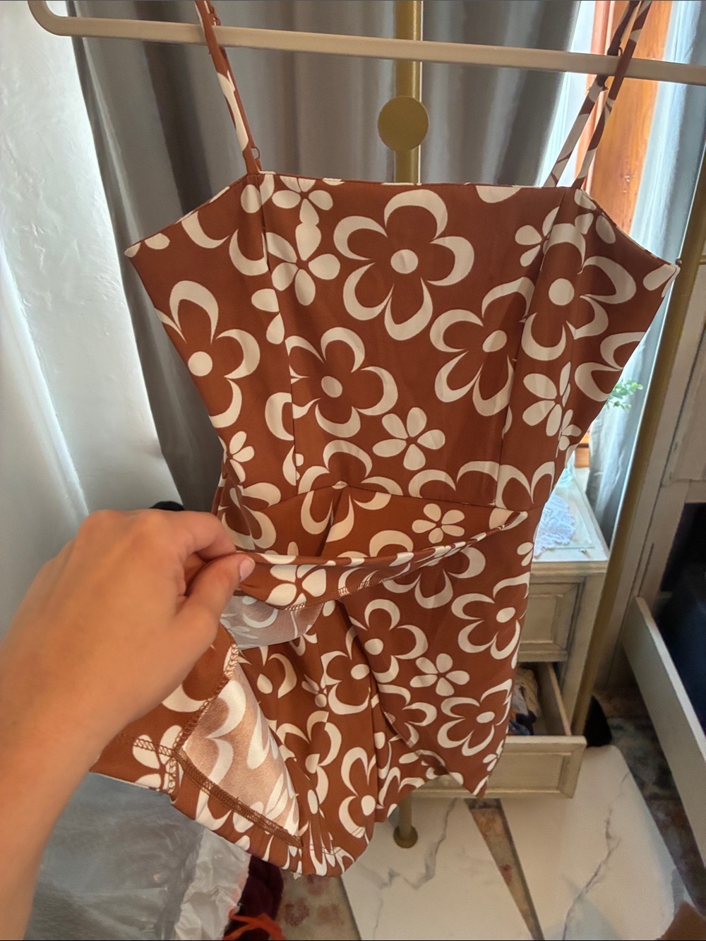 Altar'd State Brown & White Floral Spaghetti-Strap Romper